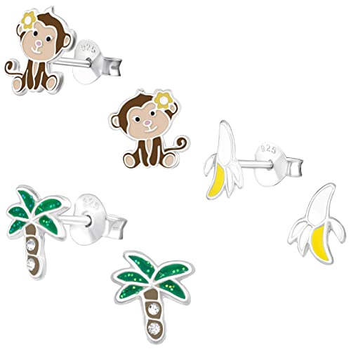 925 Sterling Silver Set of 3 Pairs Monkey & Banana Palm tree Stud Earrings (Nickel Free)