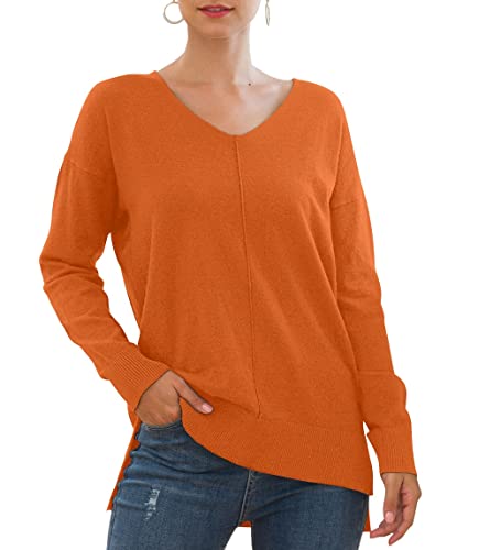 PCEAIIH Women's Jumpers Casual Lightweight V Neck Batwing Sleeve Knit Top Loose Pullover Sweater (L, Orange)
