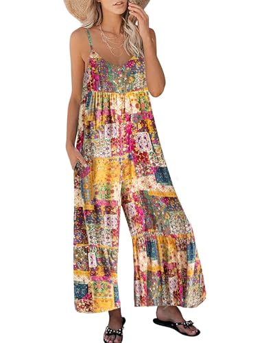 Himosyber Women's Summer Boho Jumpsuits Casual Wide Leg Bib Overalls Floral Print Rompers with Pockets (Yellow-L)