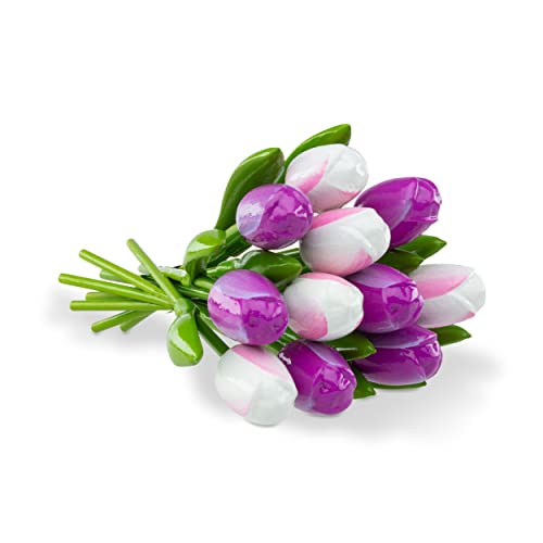 MomoMoments Bouquet in legno viola/bianco, 11 tulipani in legno, 34 cm di altezza, dipinto a mano, bouquet, fiori in legno, festa della mamma, regalo da donna, made in Olanda