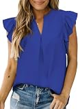 Dokotoo Summer Tops for Women 2025 Trendy Flowy Ruffle Magic Collar V Neck Solid Tee Shirts Womens Cozy Stylish Casual Summer Resort Wear Short Cap Sleeve Loose Fit Blouses and Tops Blue Large