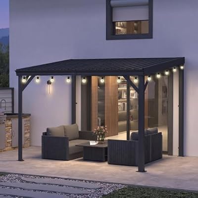 PURPLE LEAF 8' x 10' Wall Mounted Gazebo with Light Metal Roof Sloped Drainage Design Space-Saving Grill Gazebo for Small Backyard Deck and Outdoor Cooking Area