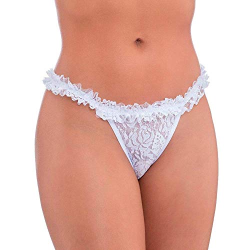 Calcinha Fio Dental De Luxo Lingerie Rendada Com Jóia E Lacinho Tamanho M Branco
