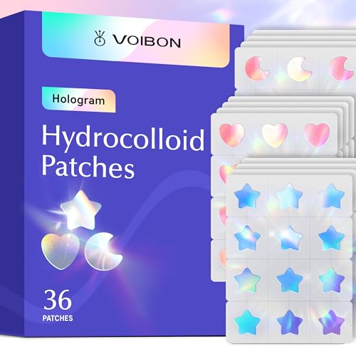 Voibon Hologram Pimple Patches for Face, Cute Hydrocolloid Acne Patches, Salicylic Acid & Tea Tree Colorful Star Spot Stickers,Zits & Blemish,Blue Pink Moon Heart,Zit Patches,12MM(36 Count)