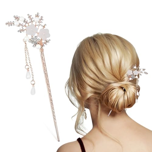 Image of MAYCREATE Hair Stick Floral Metal Pearl Tassel Rhinestone Bun Accessory