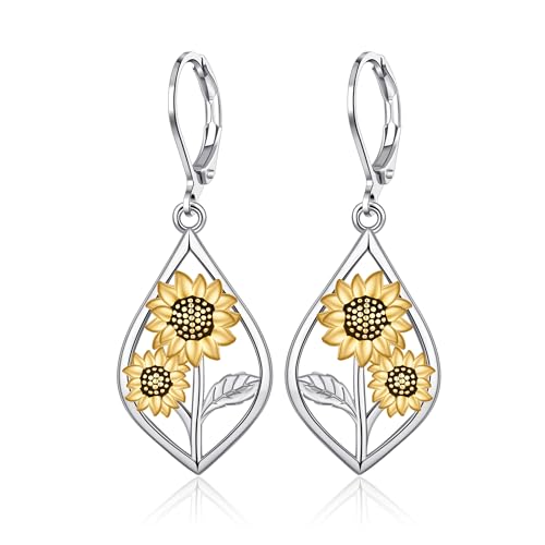 Golden Sunflower/Abalone Shell Sunflower Earrings Dangle Drop Leverback Earrings for Women
