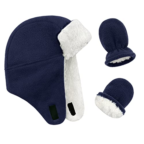 Toddler Winter Hat Sherpa Baby Boy Trapper Hats And Mittens Set Warm Fleece Infant Beanies Gloves Navy 12-24 Months #TOP17