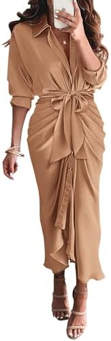 BTFBM Maxi Dresses for Women Fall 2025 Long Sleeve Lapel Neck Button Down Elegant Satin Belted Ruched Summer Shirt Dress
