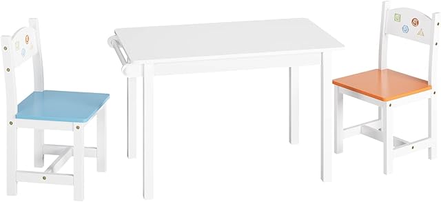 Children's Table with 2 Chairs Wooden kids Activity Table Set Play Desk for Playroom Living Room Furniture White, 84 x 48 x 50 cm (HMD-077)