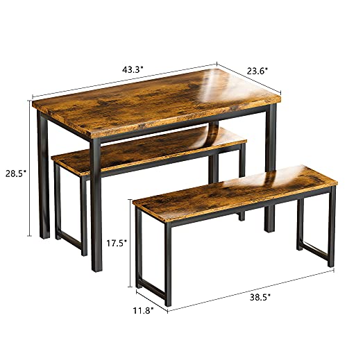 AWQM Dining Room Table Set, Kitchen Table Set with 2 Benches, Ideal for Home, Kitchen and Dining Room, Breakfast Table of 43.3x23.6x28.5 inches, Benches of 38.5x11.8x17.5 inches, Rustic Brown