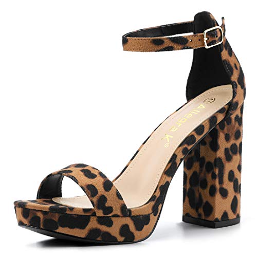 Allegra K Women s Ankle Strap Leopard Platform Chunky Heels Heel Sandals - 9 M US