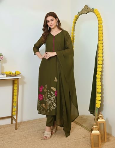Image of ANNI Designer Women's Viscose Blend Embroidered Straight Kurta with Pant & Dupatta | Ethnic Kurta Set for Women | 3 /4 Sleeve Festive Traditional Dress | Office, Party & Daily Outfits Suit Set