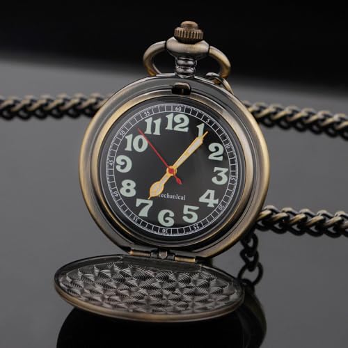 Image of Mens Pocket Watch Skeleton Mechanical Hand Winding Half Hunter Silver Black Golden Case Roman Numerals with Gift Box