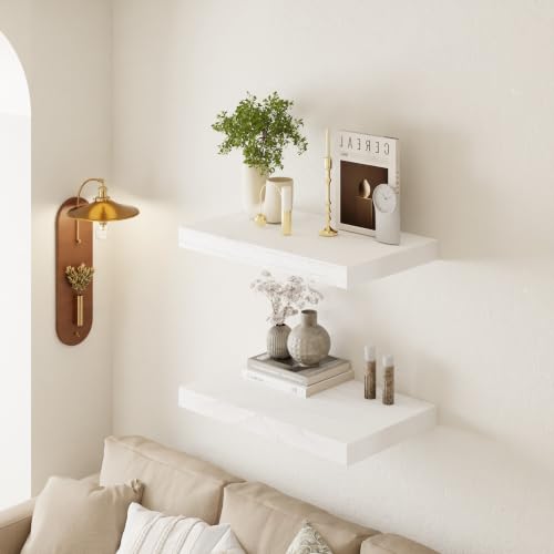 Image of 24 inch Extra Deep Floating Shelves, Set of 2, White Finish | 24 inchL x 12 inchD x 1.8 inchH, Set of 2, Solid Paulownia Wood, Painted White Finish, Hidden Brackets, Hardware Included