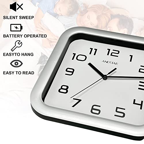 Andstar Square Clock Round Modern Retro Silent Non Ticking Battery Operated Accurate Arabic Numerals Design Decorative For Home,Living Room,Bedroom,Office,Canteen,School(Silver) #TOP2