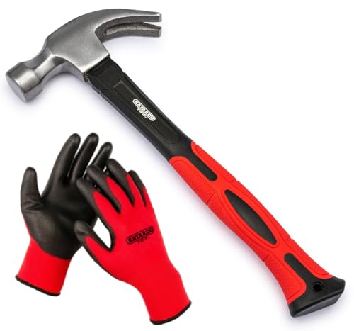 20oz Claw Hammer, Forged Steel, Heavy Duty with Fibreglass Handle and Non-Slip Rubber Grip, Work Gloves Included - Suitable for Carpentry and DIY