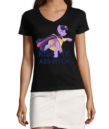 T-shirt col en V coton femme noir Kiss My Ass Btch L