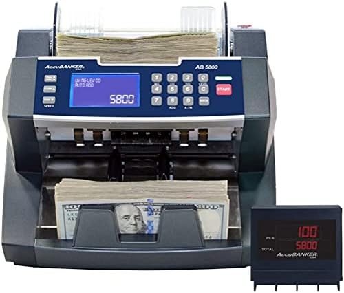AccuBANKER Bank Grade Batch Value Bill Counter AB5800 Money Counter Machine with Total Value Per Denomination Hopper Capacity 300 Bills & Counterfeit Detector MG + UV (AB5800)