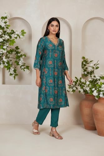 Image of W for Woman Floral Printed Embellished A-Line Art Silk Kurta with Straight Pant Set