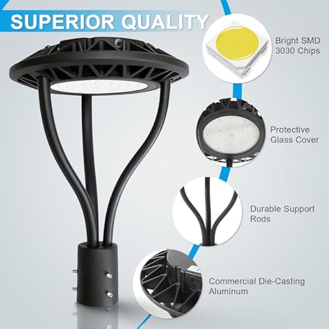 LED Post Top Light with Dusk to Dawn Photocell, 20W-30W-40W-60W Power Tunable, 3000K/4000K/5000K CCT Tunable, Outdoor Post Pole Lights for Garden Pathway Street Lighting, IP65 DLC ETL Listed