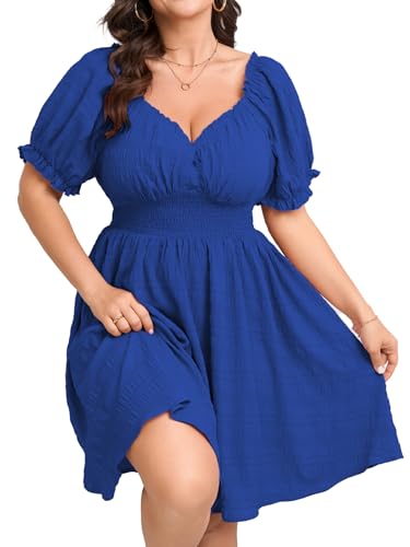 Image of SCOMCHIC Womens Plus Size Summer Dresses Casual Sun Dress Sweetheart V Neck Puff Short Sleeve Smocked A Line Mini Dress