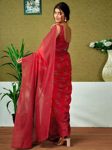 Image of Satrani Women's Chanderi Cotton Printed Ready To Wear One Minute Pre Pleated Readymade Saree with Unstitched Blouse Piece
