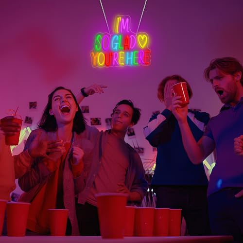 Image of I'm So Glad You're Here Neon Sign, Letter Neon Signs for Wall Decor Dimmable Light up Sign, Classroom Wedding Kids Room Store Home Neon Decor 14.17 x 12.2 inch