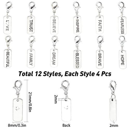 SUNNYCLUE 1 BOX 48Pcs 12 Styles Word Charm Pendants Alloy Engraved Motivational Inspiration Rectangle Pendant Tibetan Style Lobster Clasps for Jewelry Making Charms Bracelets Supplies Antique Silver - Image 2