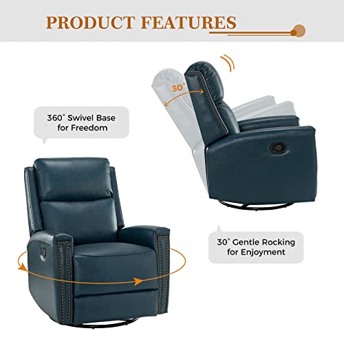 Hulala Home Genuine Leather Swivel Rocker Recliner, Manual Glider Recliner Chair With Adjustable Backrest & Footrest, Modern Home Theater Sofa Armchair For Bedroom Living Room, Turquoise #TOP3