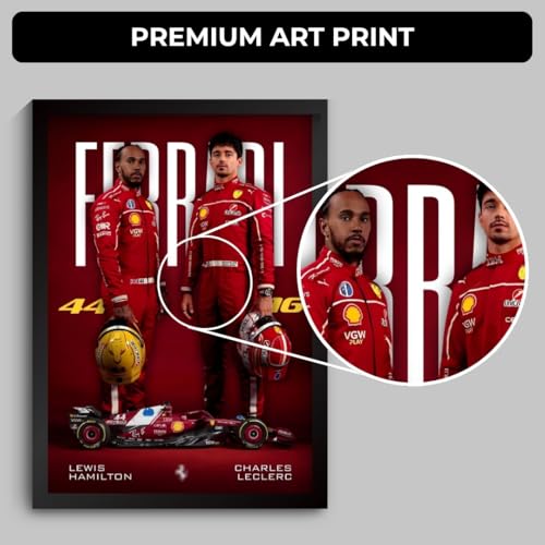Image of Ferrari F1 Poster | Lewis Hamilton & Charles Leclerc Framed Ferrari F1 Car A4 Sized (31 x 23 cm) | Lewis Hamilton Poster | Ferrari Car Frame Posters for Wall, Gift for Boys, Formula 1 Frames | Formula 1 Framed (F 015)