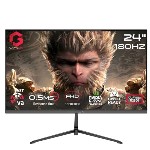 GAMEON GC24F180VA Pro Series 24 Zoll R2800 Curved Gaming Monitor, FHD 1920x1080, 144Hz OC bis 180Hz, 0,5ms MPRT, Fast VA, HDMI 2.1, DP 1.4, HDR, FreeSync, Eingebaute Lautsprecher, VESA 75x75, Schwarz