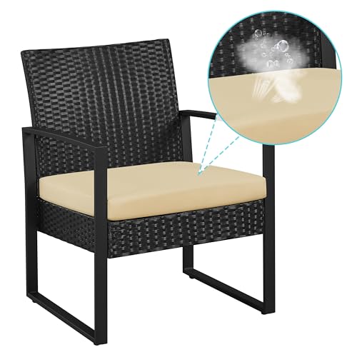 Yaheetech 3 Pieces Rattan Bistro Set, Indoor/Outdoor Wicker Patio Modern Conversation Furniture, 2 Chairs & Tempered Glass Coffee Table for Garden, Balcony, Backyard, Poolside, Black/Khaki - Image 8