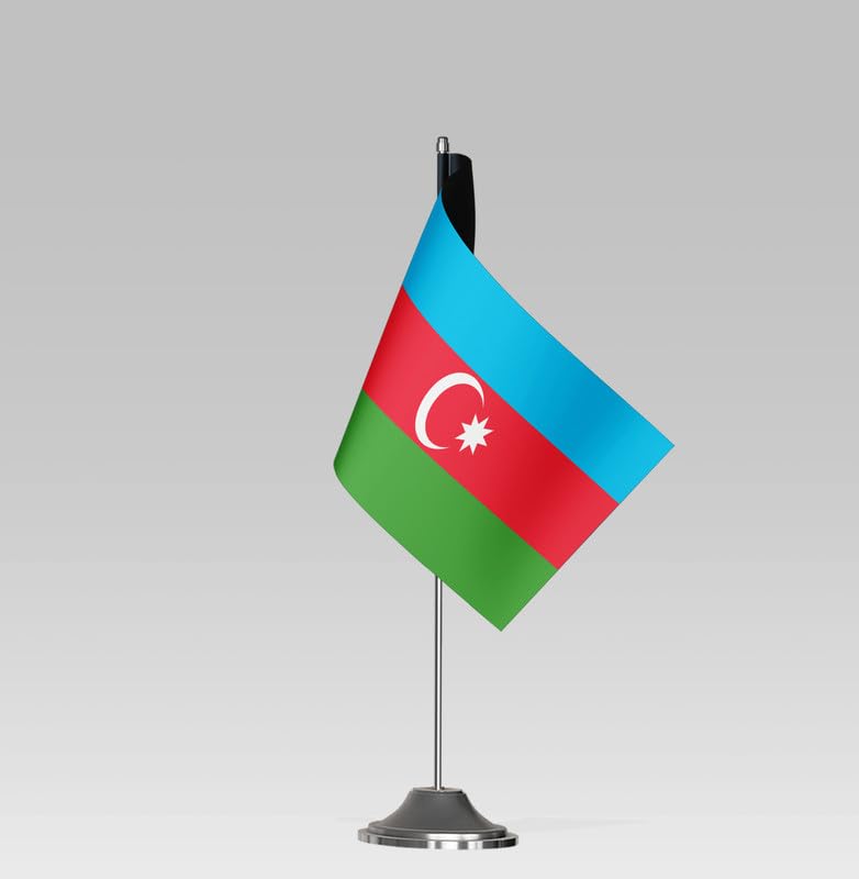 BPA® AZERBAIJAN FLAG Compact Table Flag with Stand Elegant Desk Decor (22x10cm)