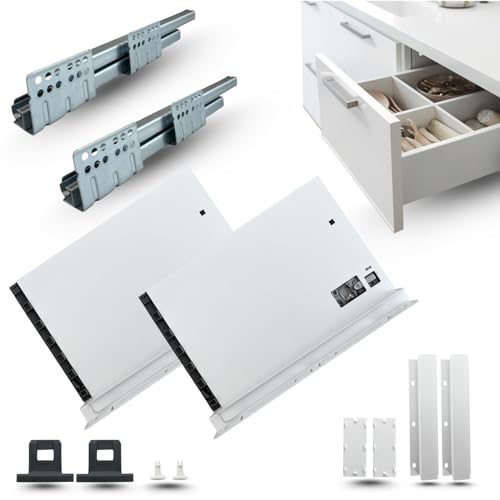 Tiroir en kit à extraction totale pour ambiance, salle de bain, cuisine, bureau, nouveau design slim, portée 40 kg, rails synchronisés (H 203 mm - P 550 mm blanc)
