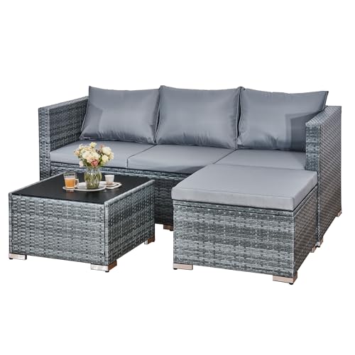 Aweather 3 Pcs Rattan Garden Furniture Set - Outdoor All-Weather Handwoven PE Corner Sofa, Small Patio Conversation Set with Washable Cushions & Coffee Table, 4 Seater Grey Outdoor Patio Furniture