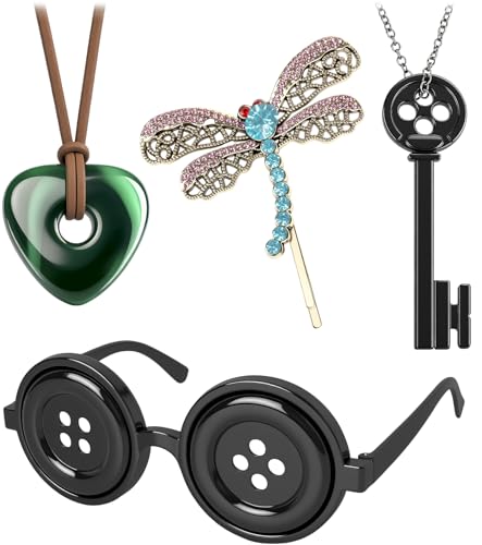 XUECHEN 4 Set Button Eyes Glasses Keychain Necklace Hair Clip Green Stone Accessories Halloween Christmas Cosplay Costume Merchandise stuff Birthday Gift for Women Adult and Fans