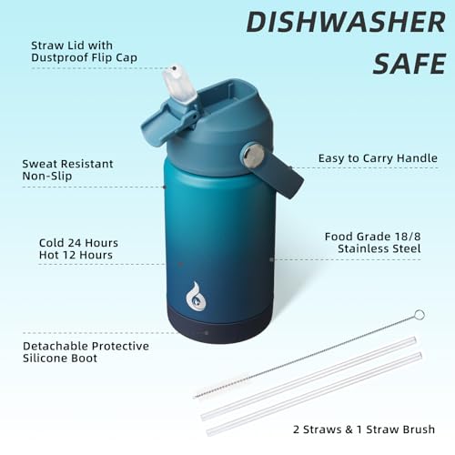 Image of BJPKPK Insulated Water Bottle with Straw Lid, 12oz Thermo Water Bottles with Soft Nozzle, Flex Handle & Non-slip Boot, BPA Free Leak Proof Stainless Steel Metal Thermo, Tumblers, Cups,Vast