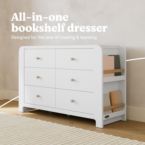 Image of Graco Read-with-Me 6 Drawer Dresser with Bookshelves, White with Driftwood | GREENGUARD Gold Certified, Removable Bookshelves, Nursery & Kids Bedroom Wood Dresser, Spacious Storage, Interlocking Drawers