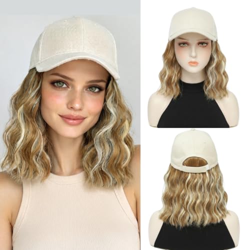 Yunkang Hat Wig Baseball Cap with 12" Short Mix Gloden Blonde Synthetic Curly Wavy Hair Extension Attached for Women Adjustable Shoulder Length Wigs for Daily Party Outdoor Use