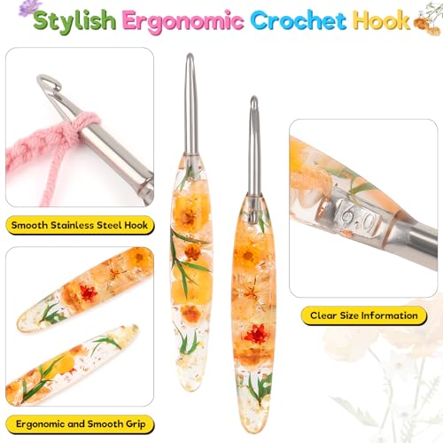 Image of Katech 6.0mm Crochet Hook for Arthritic Hands,Hand-Polished Stainless Steel | Ergonomic Crochet Hooks with Customized Sparkle Dried Floral Grip, Smooth Tapered Hook-Crochet Gift for Beginner & Crocheter