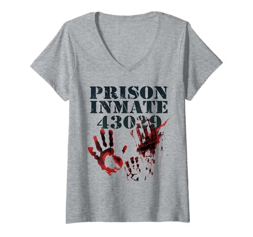 Damen Gefängnisinsassen Shirt Zombie Blutige Halloween Blutspritzer T-Shirt mit V-Ausschnitt