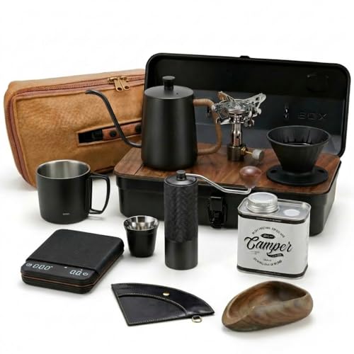 Homestay Bag - Premium Iron Box for V60 Distilled Coffee Complete Coffee Tool Kit for Travel and Camping (Grinder Scale Jug Stove) Portable Design (15 Pieces) Matte Black