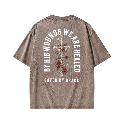 Graphic Tees Summer Women Men Cotton Novelty Oversized Crew Cross with Rose Christian Washed T-Shirt