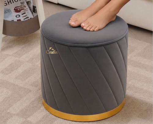 Image of Luxury Velvet Ottoman Stool for Living Room & Bedroom | Premium Round Pouffe with Gold Metal Base | Modern Footrest, Extra Seating & Home Decor (Grey)