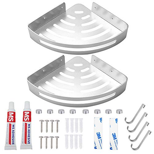 Shackcom 2 pcs Estantería Ducha sin Taladros de Esquina para Baño,Estantería Ducha Rinconera Ducha Aluminio Estanteria Organizador Pared para Baño y Cocina,Acabado Mate,Plata-sin daños Reutilizable