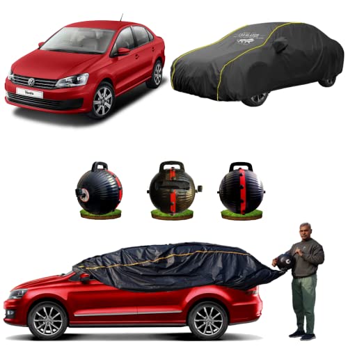Image of CARBLAZER Portable & Semi-Automatic Full Body Car Covers: Heavy Duty Device| Anti-Theft| Dust & Scratch Proof | Water & Wind Resistant|Custom Fit| Dual-Side Cover, Compatible for Volkswagen Vento
