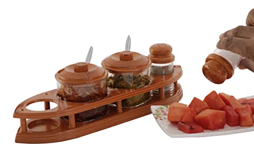 Image of Nabhya Complete Dining Table Set of Pickle Jars, Salt and Pepper Dispenser, Toothpick Holder and Spoon Holder(Wooden Look Design, Plastic) (StarCruz)