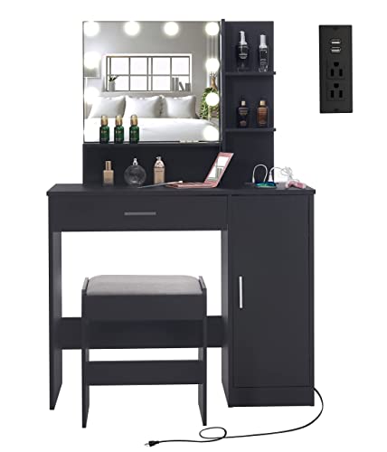 usikey Vanity Desk with Mirror & Lights for Christmas Day, Makeup Vanity Table with Power Strip, Bedroom Dressing Table with Drawer & Cabinet, 10 LED Lights, 3 Color & Brightness Adjustable, Black