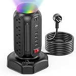 Protecteur de surpression à sorties multiples, PD 30W Tour de la bande de puissance charge rapide avec RGB Lumière de nuit, 15 AC Tour de puissance des sorties, 2 Type C et 4 USB Ports, 6.5FT Station de recharge du cordon d'extension rétractable