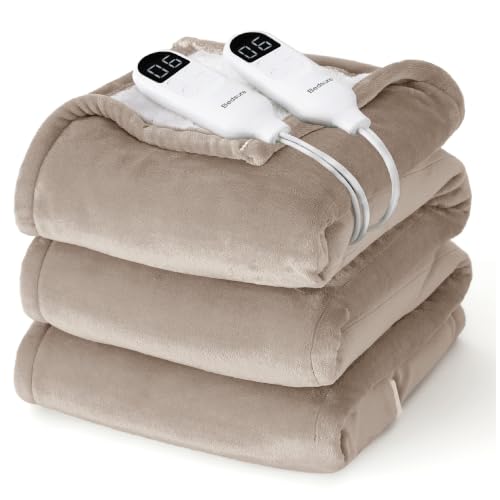 Image of Bedsure Heated Blanket King Size, Dual Control Electric Blanket, Taupe | Preheat Function,6 Heat /6 Timer Settings, 8H Auto Shut-Off, ETL /FCC, Soft Flannel Sherpa, Machine Washable, 84x90in
